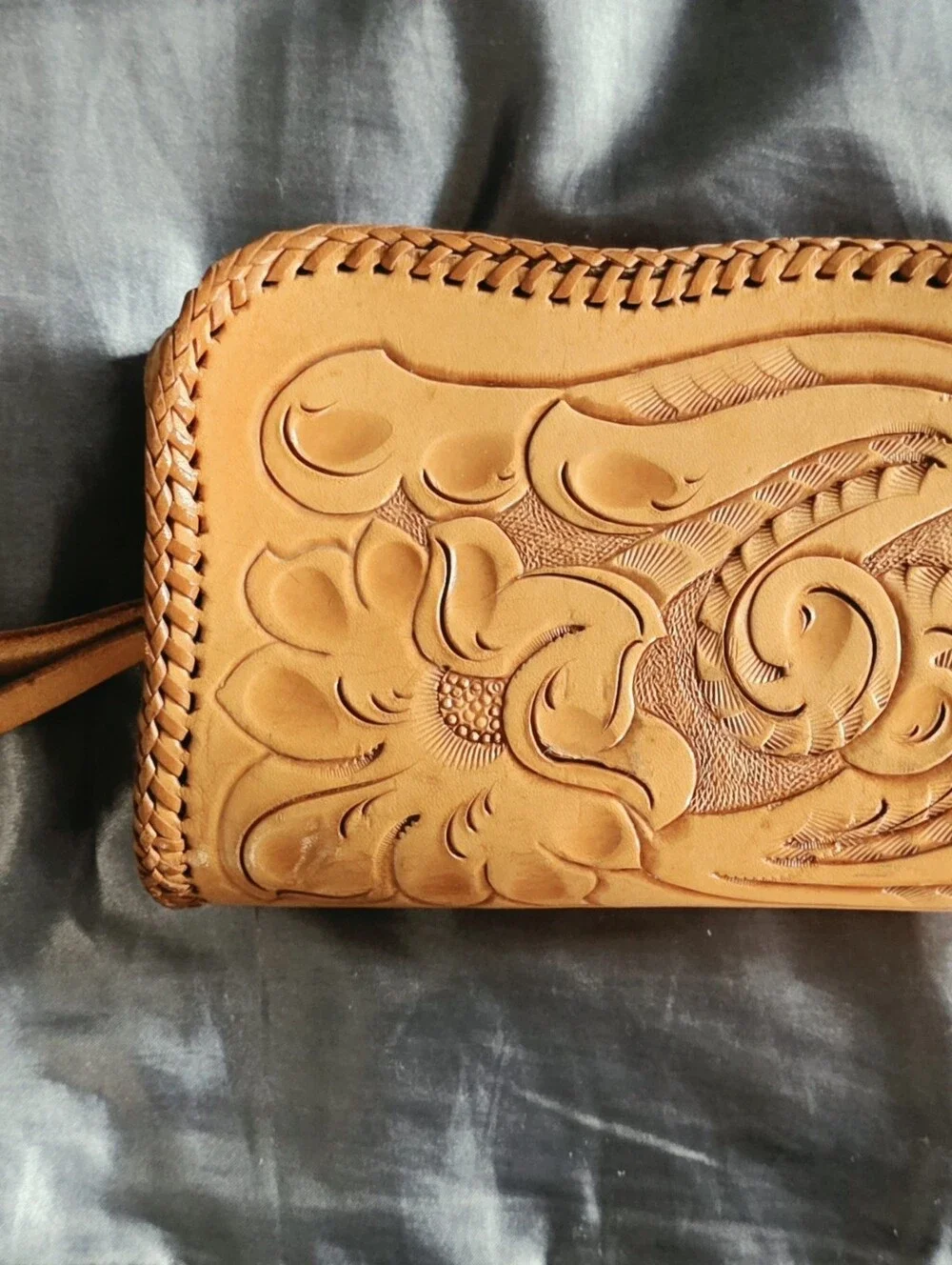 Vintage CLIFTON'S Handmade Hand Tooled Leather Clutch Wristlet